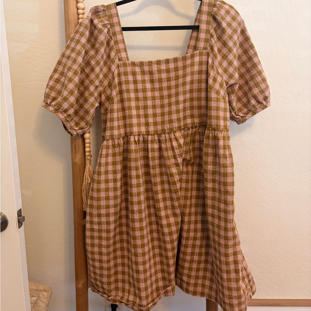 Madewell Gingham Square Neck Puff Sleeve Mini Dress - Pink & Olive